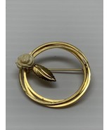 Vintage Gold Tone Pin Brooch Swirl with White Rose Estate Jewelry Find KG - $13.55 CAD