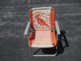 Vintage HAND Woven Macrame Weave Aluminum Folding Lawn Chair Orange/White Bird - £39.65 GBP