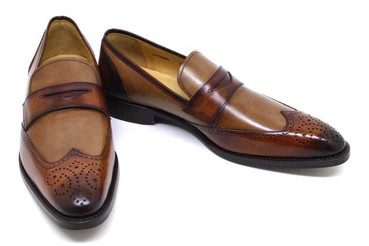 Two Tone Brown Wing Tip Moccasin Loafer Burnished Brogue Toe Slip Leather Shoes