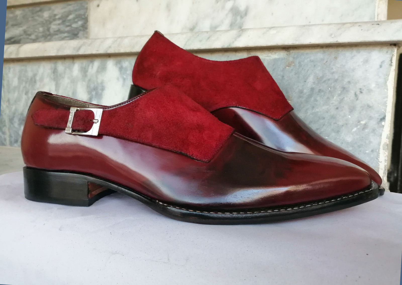 New Handmade Men's Monk Strap Shoes, Men's Burgundy Color Leather Suede Shoes 20