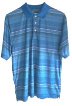 PGA Tour Men Large Blue Polo Collar 100% Polyester Short Sleeves Stripes Shirts - £14.86 GBP