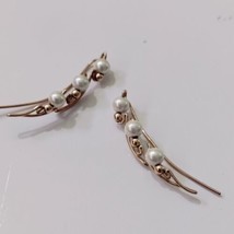 VTG Faux Seed Pearl Gold Tone Bead Earrings Long Curved Wire Wrap Dainty Elegant - £9.38 GBP