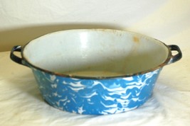 Primitive Blue Swirl Splatter Ware Graniteware Handled Bowl Basin Rustic Farm - £39.51 GBP