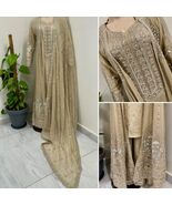 Pakistani Beige chiffon long Gown shirt Style  Embroidered Sequins  Dress,L - $167.31