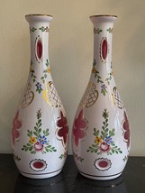Vintage Pair of German Cut to Pink Glass Hand Painted Decanters - $296.01