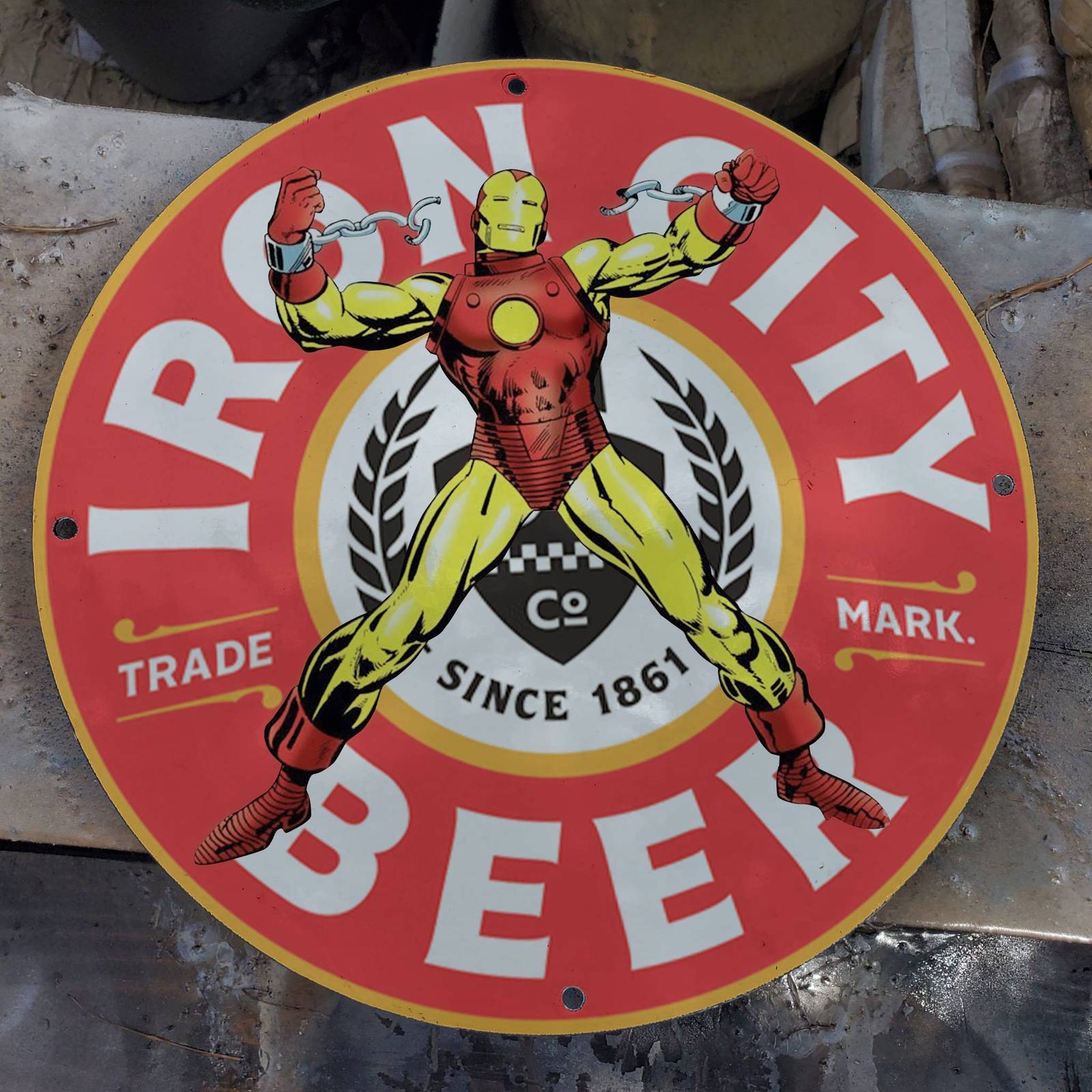 Vintage 1861 Iron City Beer Brewing Company 'IronMan' Porcelain Gas