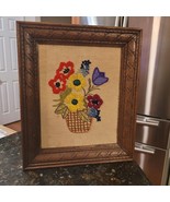 Vintage Wooden Framed Colorful Wild Flowers Finished Crewel READ PLEASE - $664.28 MXN