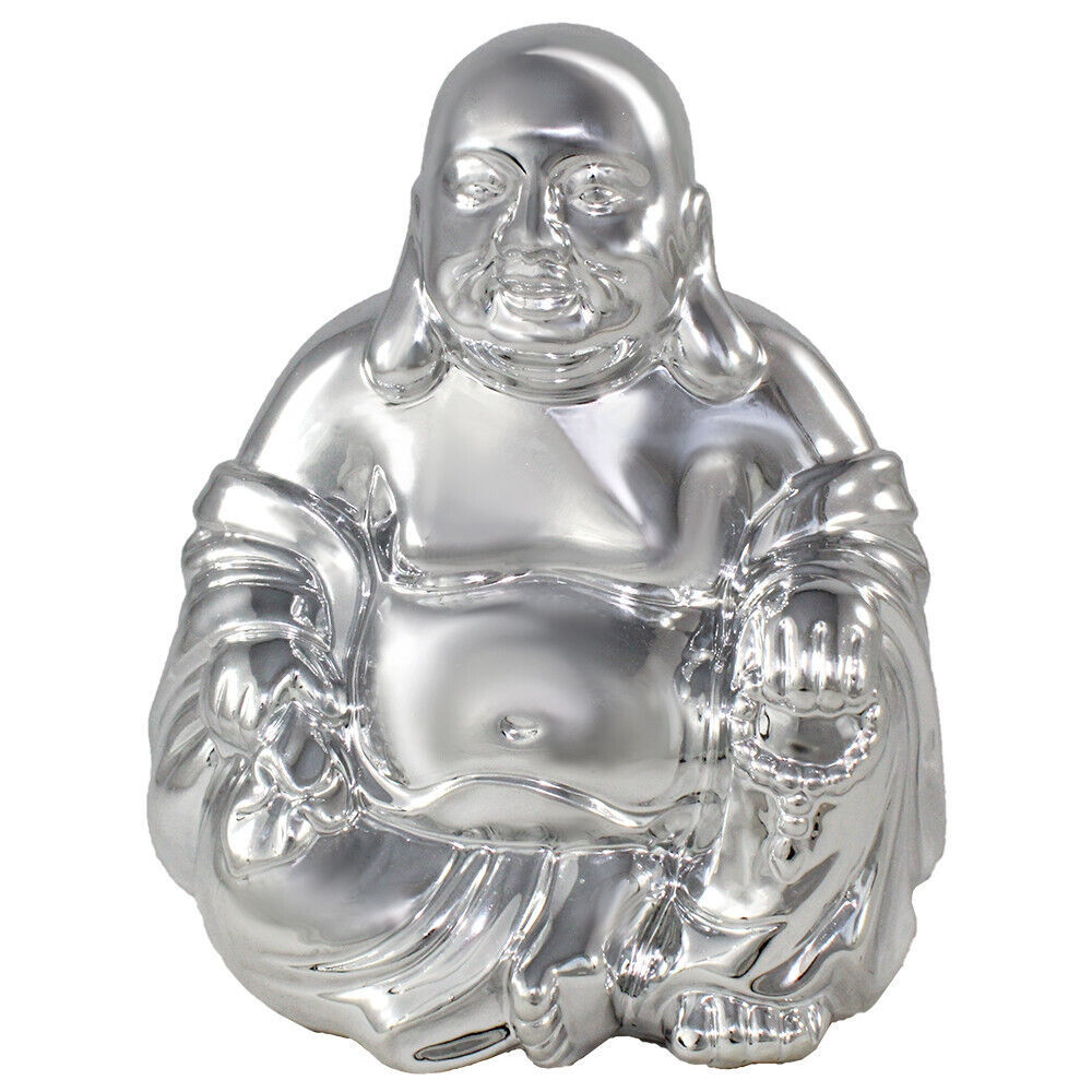 Primary image for Metallic Silver JC115 Happy Hotai Buddha Wealth Prosperity Ceramic 6.25" H
