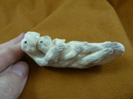 ott-w7 white Otter with baby of shed ANTLER figurine Bali detailed carving - $129.73