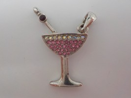 Small Jeweled Charm Martini Glass Pink &amp; White/Clear Faux Diamonds Silver Color - $4.99