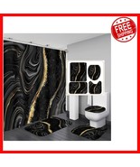 Elegant 4-Piece Black Marble Shower Curtain Set with Gold Flannel Access... - $711.33 MXN