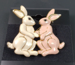 Vintage RARE SFJ Signed Pink White Enamel Double Bunny Pin Brooch Gold Tone - £20.61 GBP