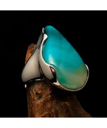 Artistic Sterling Silver Ring with pear shaped green Agate Cabochon Size 10 - £55.89 GBP