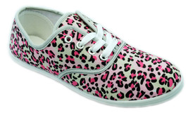 Women&#39;s Pink Leopard Cheetah Print Canvas Lace Sneakers Plimsoll Tennis Shoes - £9.56 GBP