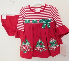 Dress &amp; Panties 2 Pc Christmas Bonnie Baby Red With Green Tree Appliques 12M Nwt - £20.85 GBP