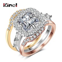 Luxury Wedding Ring Set For Women Mix 3 Colors Metal Big Square CZ Zircon Rings  - £7.12 GBP