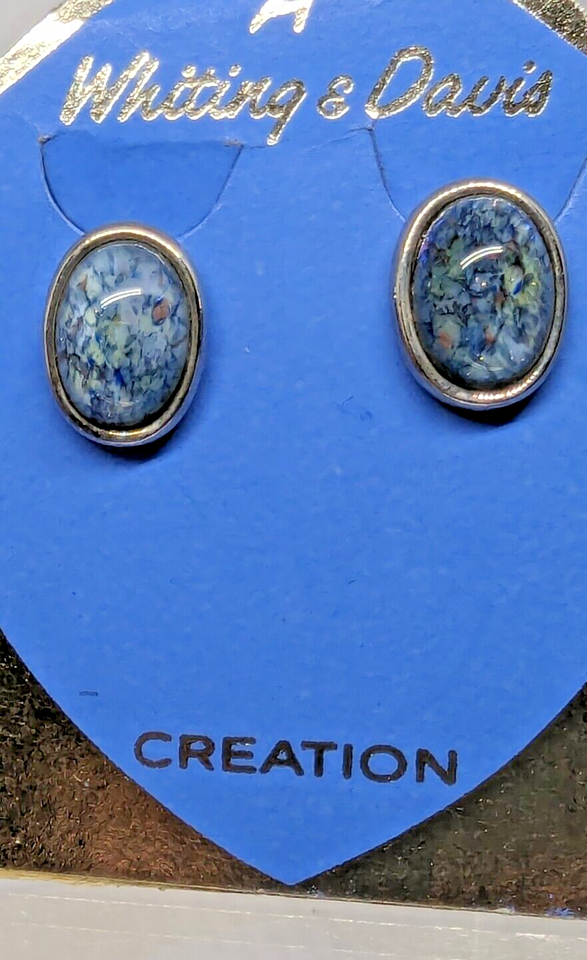 new WHITING &amp; DAVIS Vintage Silvertone Oval Iridescent blue Pierce Earri... - $29.70