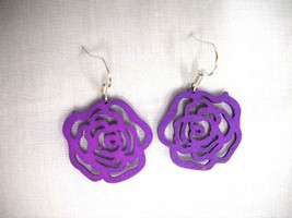 Small Purple Cut Out Open Rose Flower Wooden Charm Drop Earrings - £3.18 GBP