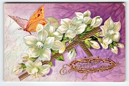 Easter Postcard Embossed Butterfly Cross Series 6 Flowers Vintage Antique - £7.06 GBP