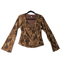 Studio Y Womens Size Medium Brown VNeck Long Sleeve Shirt Top Flare Sleeve Flora - £18.19 GBP
