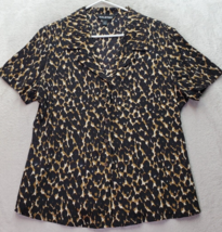 Halston Shirt Women&#39;s 14 Brown Black Leopard Print Silk Short Sleeve Button Down - £40.87 GBP