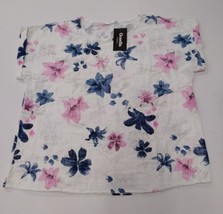 Ornella Linen Floral Print Tunic Top (White/Pink/Blue, XXXL) - £9.84 GBP