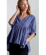 New UMGEE M Ocean Blue Linen Blend Puff Sleeve Hi-Low Hem Tunic Top Roomy - $22.00