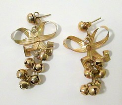 Vintage Christmas Jingle Bells &amp;Bow Bow Gold Tone Drop Dangle Earrings - £9.59 GBP