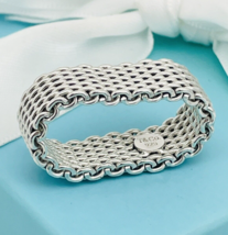 Size 9 Tiffany &amp; Co Somerset Mesh Weave Flexible Mens Unisex Ring 925 Silver - £291.56 GBP