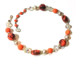 Vintage Signed Coro Choker with Aurora Borealis &amp; Red Glass Gold Swirl Beads - £27.49 GBP