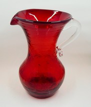 Kanawha Ruby Crackle Hand Blown Glass Pitcher Vase Clear Handle - $34.99