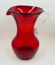 Kanawha Ruby Crackle Hand Blown Glass Pitcher Vase Clear Handle - £27.03 GBP