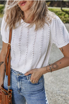 White Pointelle Knit Short Puff Sleeve Crewneck Sweater - $250.45 MXN