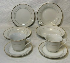 8 Pc Gibson Everyday China White With Gold Trim Cups Salad Plates Saucers Bowls  - £47.18 GBP