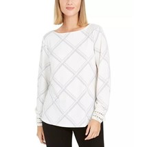 Charter Club Womens L Cloud White Combo Plaid Long Sleeve Trim Cuff Top NWT AV33 - £19.57 GBP