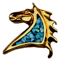 Horse Head Pin Gold Tone Crushed Turquoise Equestrian Marked - £23.66 GBP