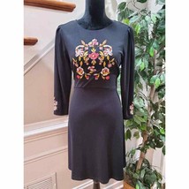 Loft Women&#39;s Black Floral Rayon Round Neck Long Sleeve Knee Length Dress Size 6P - £22.01 GBP
