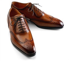 Genuine Leather Wing Tip Burnished Brown Color Casual Dress Lace Up Men Shoes - £120.91 GBP+