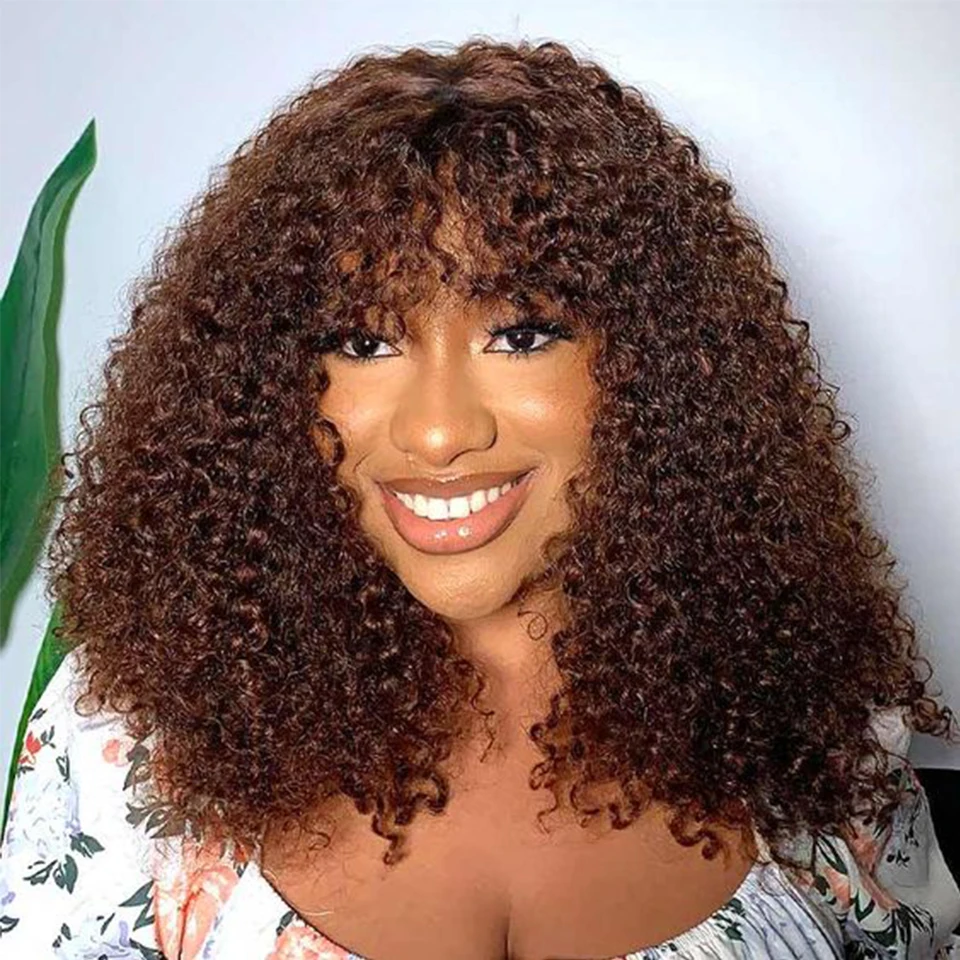 Sleek Curly Human Hair Wigs For Women 4 Chocolate Brown Highlight Remy Brazili - £45.75 GBP+