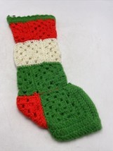 Granny Square Christmas Stocking Handmade Crochet Yarn Red Green White Vintage - £10.91 GBP