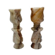 Hand Carved Quartz Candle Holders Matching Candlestick Pair Marble Stone - $25.46