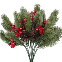 4Pcs Artificial Christmas Picks Pine Branches Picks Spray With Red Berry Stem Pi - £15.80 GBP