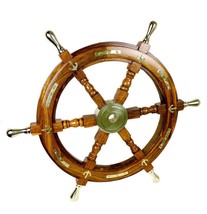 Ship Wheel Solid Wood 24&quot; Inches Anchor &amp; Strips with Brass Handles Wall... - £89.74 GBP