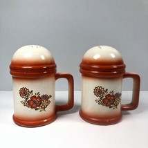 VTG Retro 70s Ceramic Handled Salt &amp; Pepper Shaker Set Orange White Flower Power - $15.00