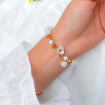 Yellow Acrylic &amp; Pearl 18K Gold-Plated Flower Beaded Stretch Bracelet - £11.01 GBP