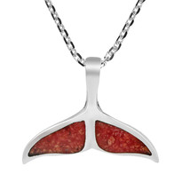 Majestic Sterling Silver Whale Tail with Red Synthetic Coral Inlaid Necklace - £17.72 GBP