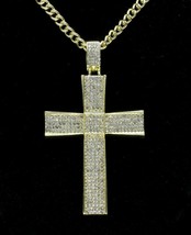 Mens Large Cz Cross Pendant 14k Gold Plated 24&quot; Rope Chain Hip Hop Necklace - £7.97 GBP