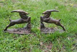 Gazelle Jumping Antique Art Deco Cast Iron Bookends By Littco - £112.87 GBP