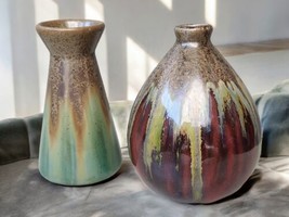  Small Vase Natural Pair Gold Brown Green Drip Glaze Pottery 4.5&quot; Tall - £27.49 GBP