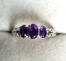 African Amethyst 3-Stone Ring in Platinum Over Sterling Silver 0.89 ctw Sz 7.75 - £23.21 GBP